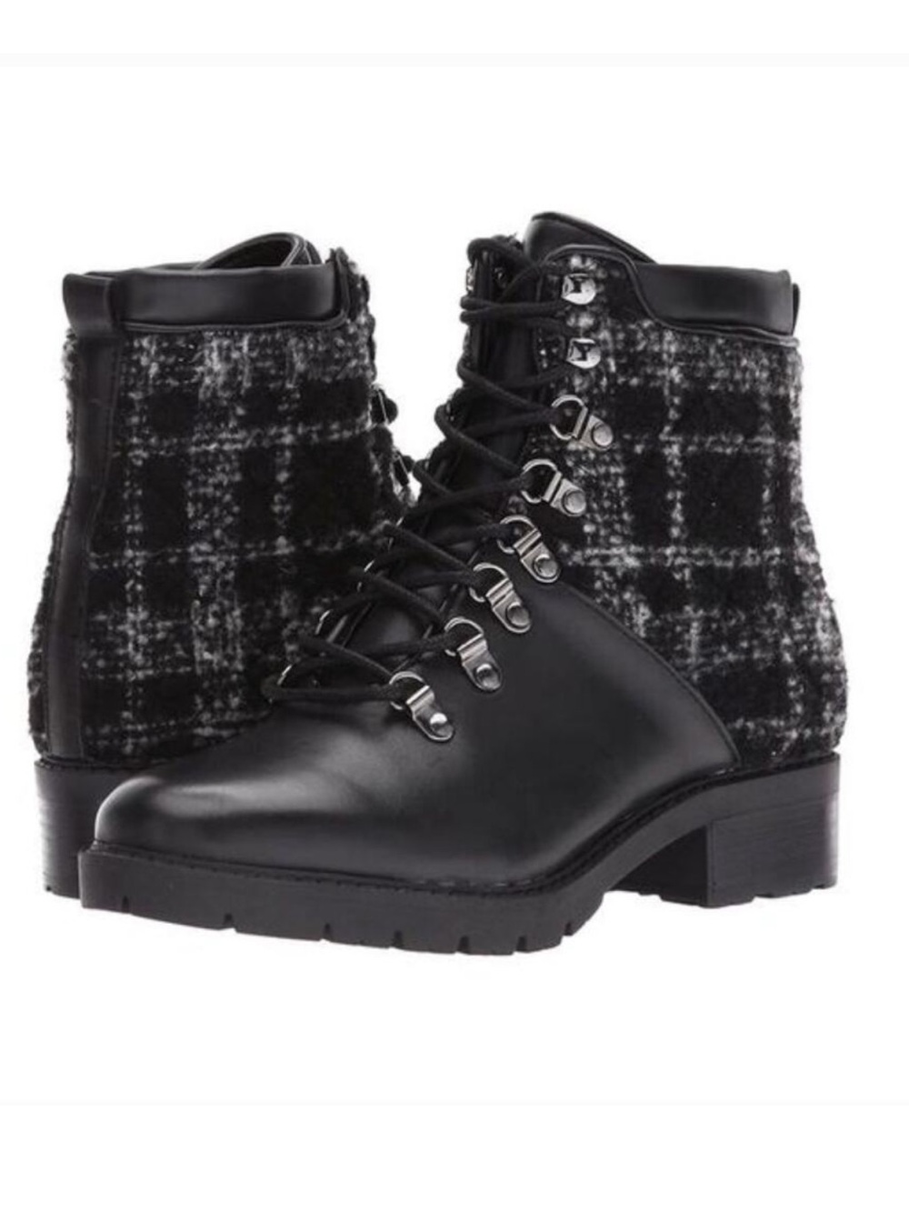 Marc Fisher Lanzis combat plaid boots black white lace up
